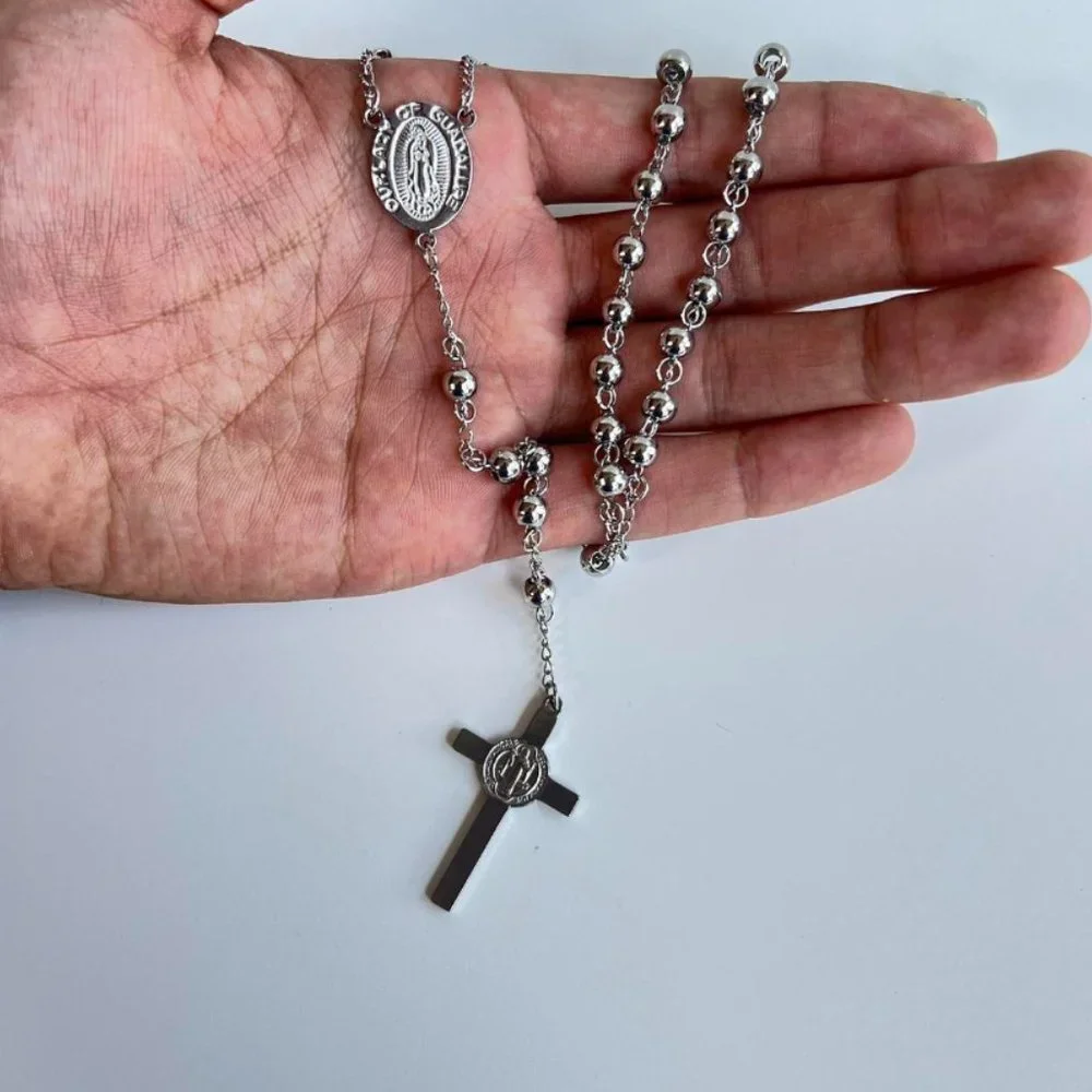 Y2K 2000s chrome silver rosary bead necklace